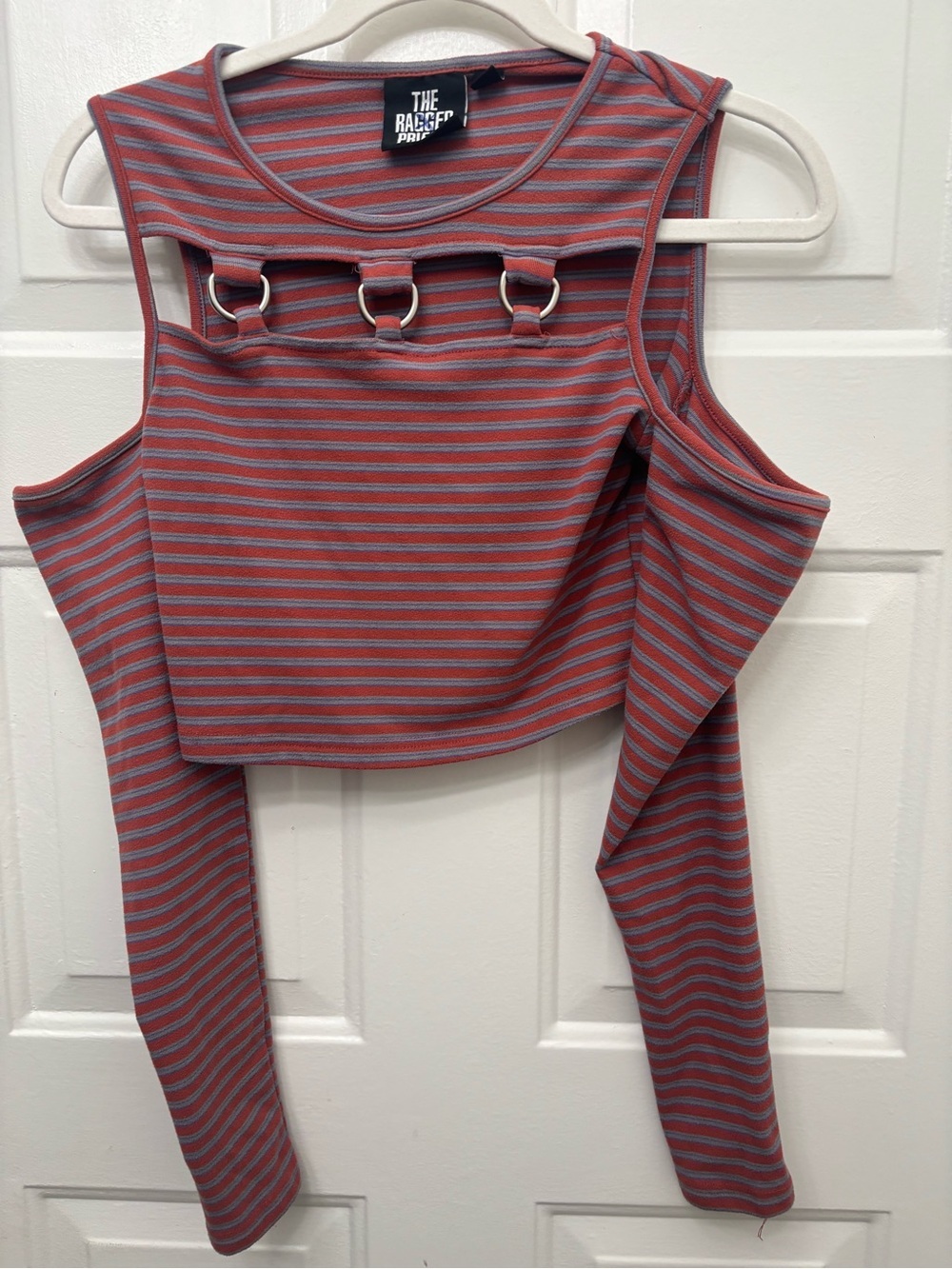 The Ragged Priest Rust and Gray Striped Cut-Out Ring Crop Top